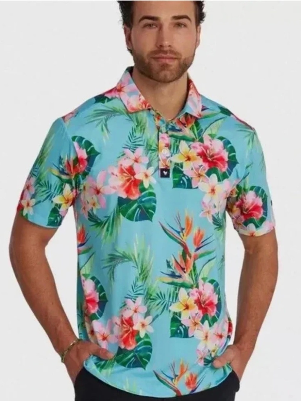 Bad Birdie Multicolor Tropical Floral Performance Stretch Golf Polo Shirt SZ XL